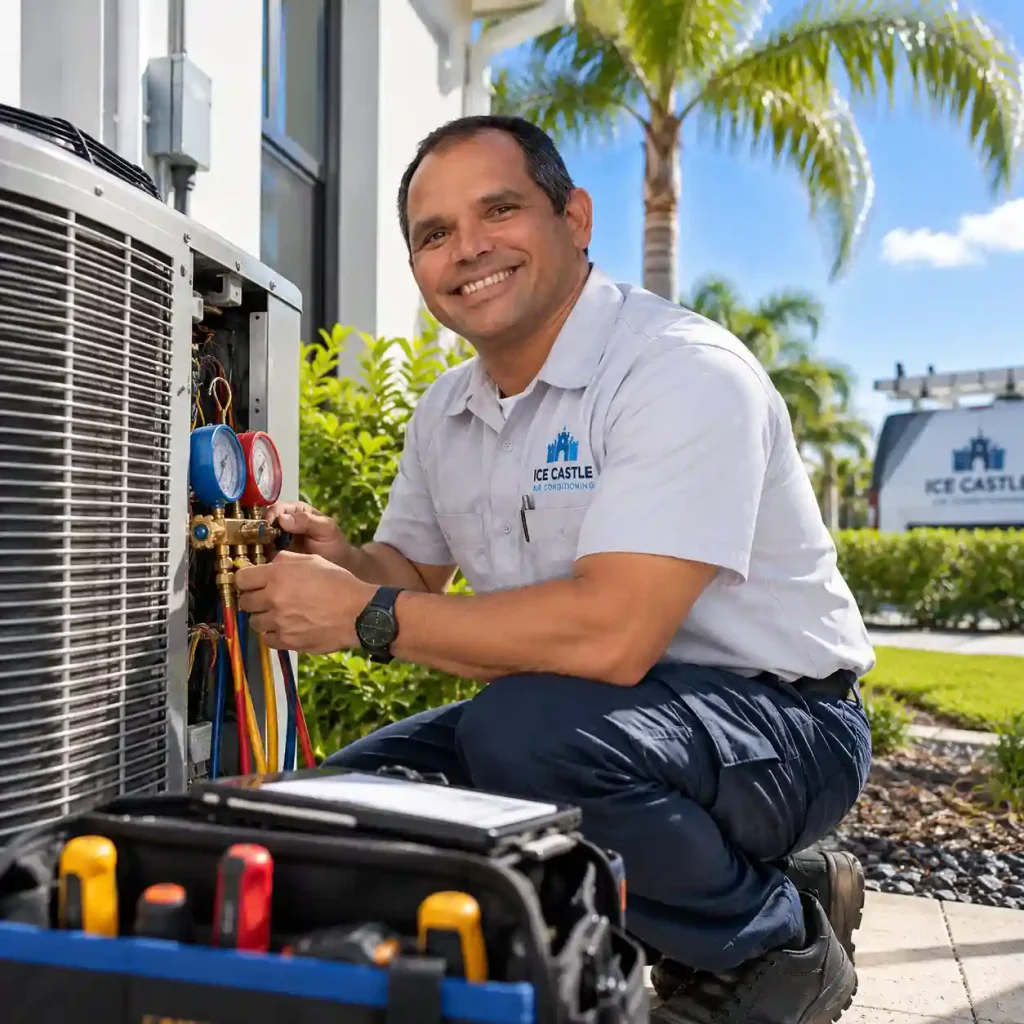 Technician doing AC maintenance on a central air conditioner in Hollywood, FL