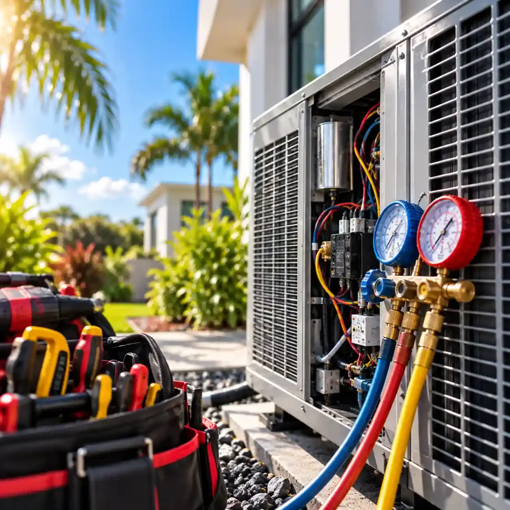 Technician doing an air conditioning repair on a central AC unit in Hollywood, FL